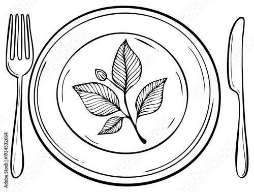 Simple line drawing of a dinner plate with a botanical leaf motif and cutlery