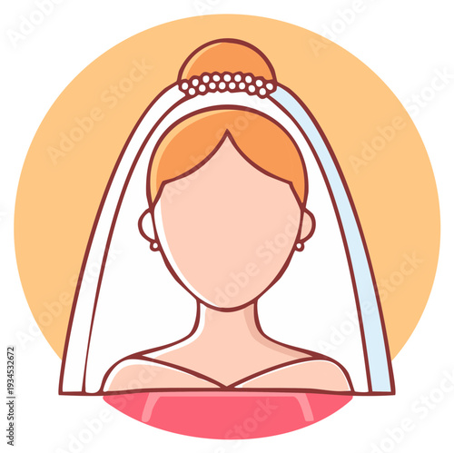 Bride illustration with a wedding veil in an orange circle, icon design