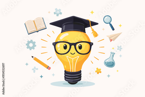 Smart lightbulb character with graduation cap and glasses surrounded by educational symbols like books, pencils, and gears. Concept of creative learning, knowledge, and academic achievement.
