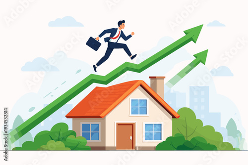 Real Estate Market Growth Concept with Businessman Running Upward on a Rising Green Arrow Above a House, Representing Property Value Increase, Housing Price Inflation, and Financial Success.