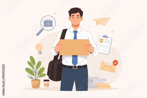 Young Unemployed Professional Man Holding Blank Cardboard Sign for Job Search, Recruitment and Career Opportunity Concept, Candidate Looking for Work After Layoff, Flat Vector Illustration.