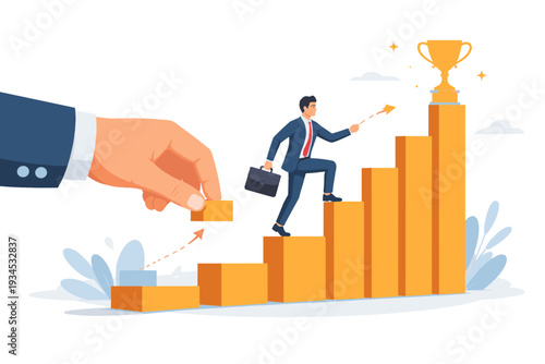 Businessman climbing stairs to reach success with help of mentor hand placing block. Career growth, professional development, and leadership support concept for achievement and goal reaching.