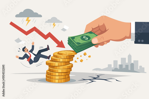 Investment risk from stock market crash as giant hand pulls liquidity back. Unstable market volatility with falling businessman, red arrow down, and storm clouds. Financial crisis and recession.