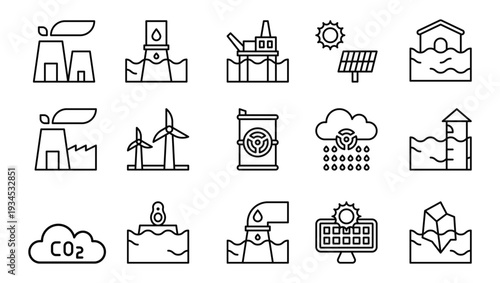Collection of thin line vector graphic icons representing global climate change causes effects renewable energy sources and environmental pollution concerns for ecological design