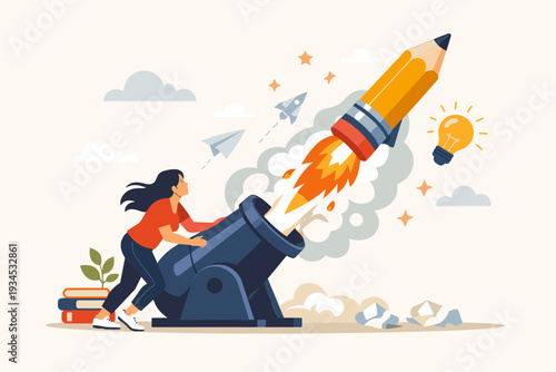 Woman Launching Giant Pencil Rocket from Cannon for Creative Idea Boost, Inspiration, and Storytelling Challenge, Start Writing Blog or Content Creation Concept Vector Illustration.