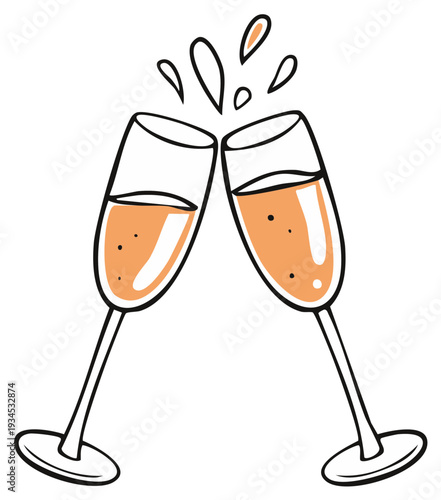 Two champagne flutes clinking together celebrating with bubbly orange liquid and splashes