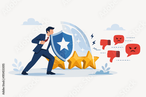 Businessman Protecting Brand Reputation and Online Reviews from Negative Feedback with a Shield, Managing Customer Trust and Company Image, Crisis Management and PR Marketing Strategy Concept