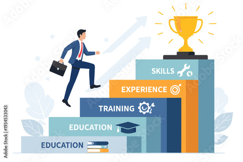 Businessman Climbing Stairs to Success with Golden Trophy, Career Growth Concept via Education Training Experience and Skills, Professional Development and Leadership Ladder Vector Illustration