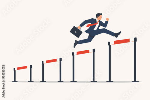 Ambitious Businessman in Suit Jumping Over Hurdles of Increasing Height Representing Career Growth, Overcoming Professional Challenges, Skill Development, Personal Improvement, and Reaching Success.