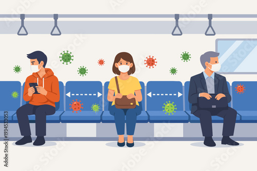 Social Distancing Concept with People Wearing Protective Face Masks Sitting in Public Transport Subway Train to Prevent COVID-19 Coronavirus Infection Spread, Flat Vector Illustration Design