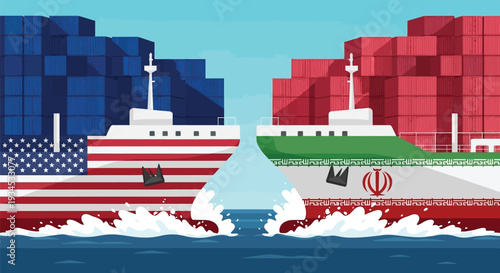 US and Iranian cargo ships clash at sea symbolizing trade war and economic conflict, highlighting international sanctions and global trade dispute