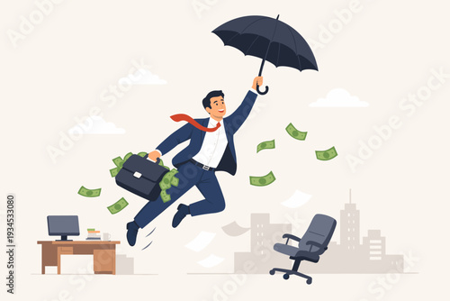 Successful Businessman Flying with Umbrella and Briefcase Full of Cash Leaving Office for Financial Freedom and Wealth, Quitting Routine Job to Achieve Independence Concept Vector Illustration