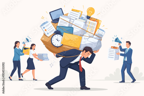 Stressed Businessman Carrying Huge Pile of Office Work and Deadlines on His Back While Colleagues Demand More. Concept of Burnout, Overwork, and Inability to Say No for Work-Life Balance.