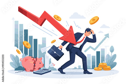 Vector illustration of a stressed businessman hit by a large red falling arrow symbolizing financial crisis, economic recession, market crash, broken piggy bank, and declining stock chart.