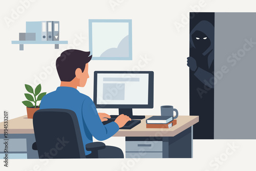 Man Working on Computer at Desk in Office While a Mysterious Stalker or Hacker in a Hoodie Watches Him from the Shadows of a Doorway, Concept of Cyber Security Threat and Privacy Invasion
