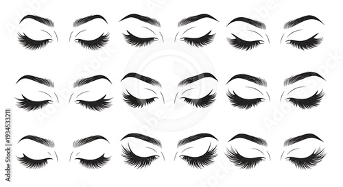 A set of black and white vector graphic illustrations of closed eyes with various eyelashes and eyebrows.