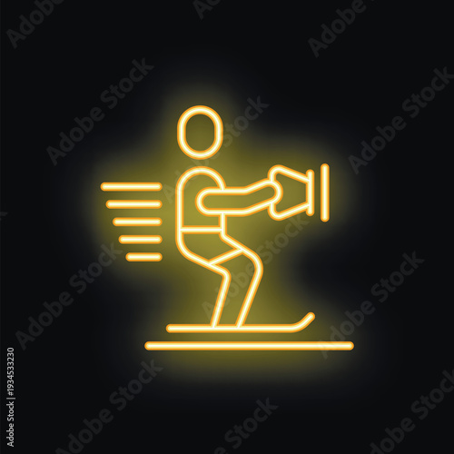 Bright yellow neon icon of a water skier holding a handle and riding on water