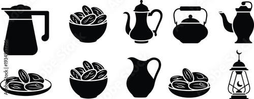 Traditional Arabic coffee and dates icon set with teapot pitcher lantern black silhouette vector illustration isolated collection