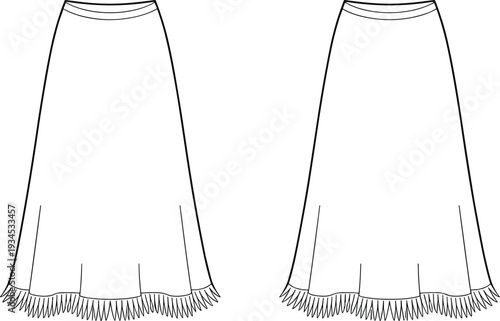 Long skirt fashion design, technical flat sketch, vector illustration, A line silhouette, fringe hem detail, front view CAD drawing template