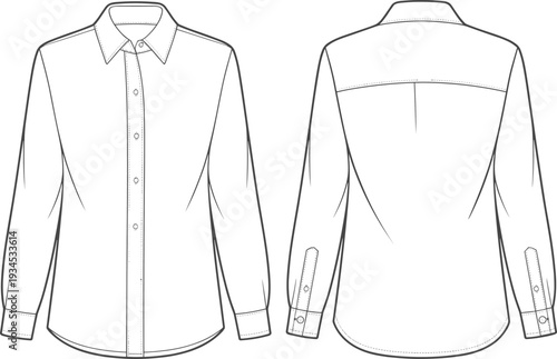 Long sleeve button up shirt flat sketch, fashion garment technical drawing, apparel vector template, clothing CAD illustration, front and back view