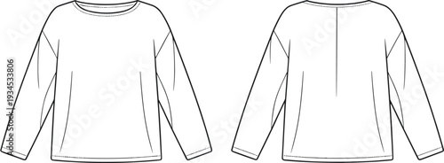 Long sleeve top, fashion flat sketch, CAD drawing, vector illustration, round neckline, dropped shoulder, relaxed fit, front and back view