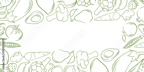 Line art style fruit and vegetable border. Illustration background for healthy restaurant menu, organic package and grocery store.