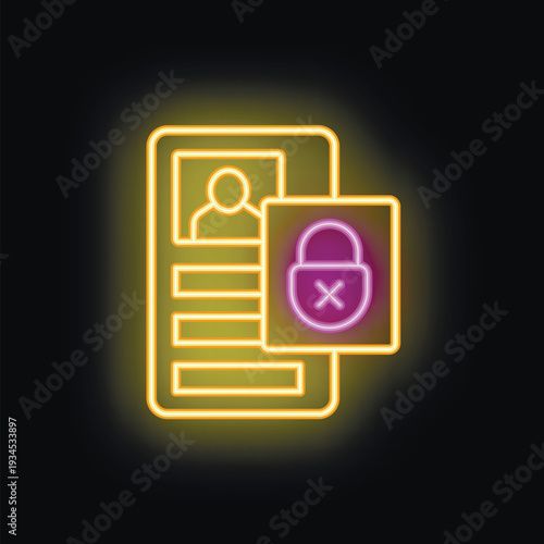 Neon icon glowing on a dark wall, showing the concept of cyber security with a locked personal profile
