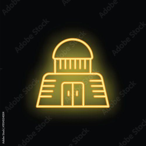 Yellow neon sign of building with columns and big dome entrance on black background