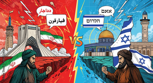 Concept illustration of israel versus iran conflict. two men representing nations on opposite sides. political tension.