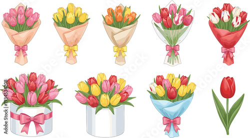 Large collection of colorful tulip flower bouquets wrapped in paper and gift boxes for spring celebrations Mother's Day Valentine's Day and romantic wedding floral design.