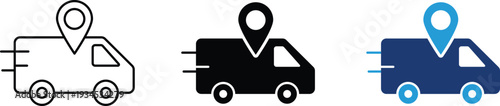 Delivery van with location pin icon showing logistics and order tracking. Transportation illustration for express shipping, courier services, supply chain management, cargo distribution