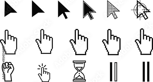 Large collection of black and white computer mouse cursor icons and hand pointers including arrows pixel art styles loading hourglass and click buttons.