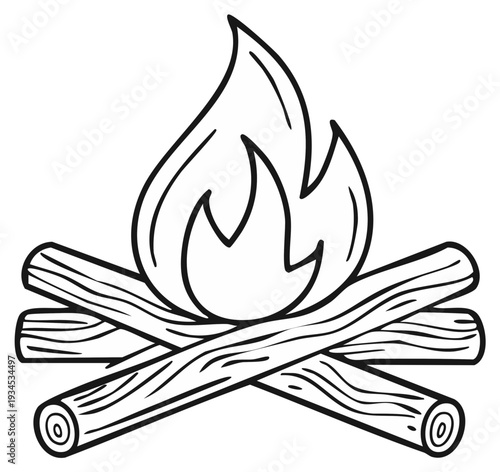 Campfire illustration black and white, burning flames and logs.