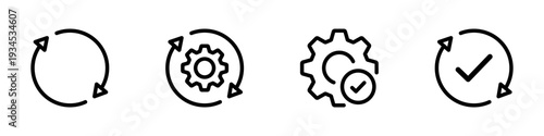 Sync process, reload line icon set. Circle arrow, gear wheel, recycling, recurrence, renewal, refresh, processing, settings, update outline icons. Vector illustration