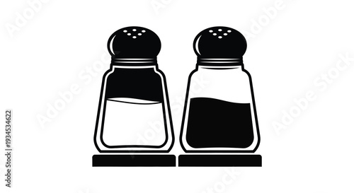 A minimalist depiction of a salt and pepper shaker pair rendered in stark black and white a striking silhouette