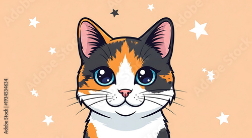 A cute cartoon calico cat with big eyes and stars on a peach background