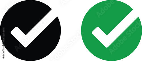 Two circular icons with checkmarks in contrasting colors indicating approval or confirmation. Vector