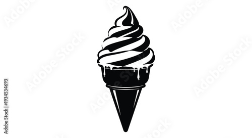 A striking black and white image depicts a swirling soft serve ice cream cone emphasizing its delectable form as a silhouette