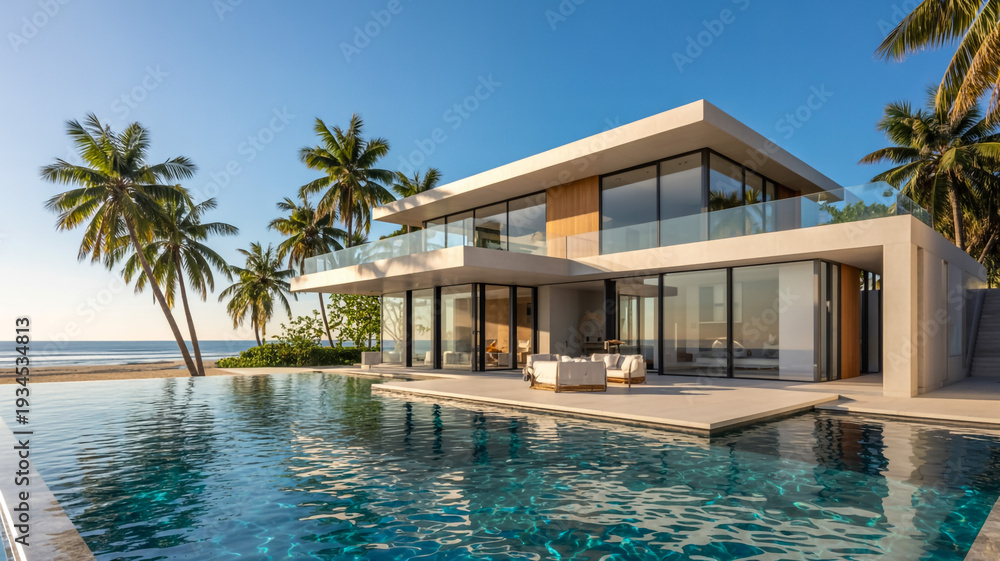 Fototapeta premium Modern Beachfront House With Infinity Pool And Palm Trees For Luxury Vacation And Real Estate Marketing