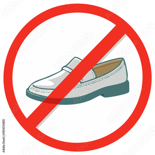 No shoes allowed graphic illustration in red prohibition sign over loafer footwear icon