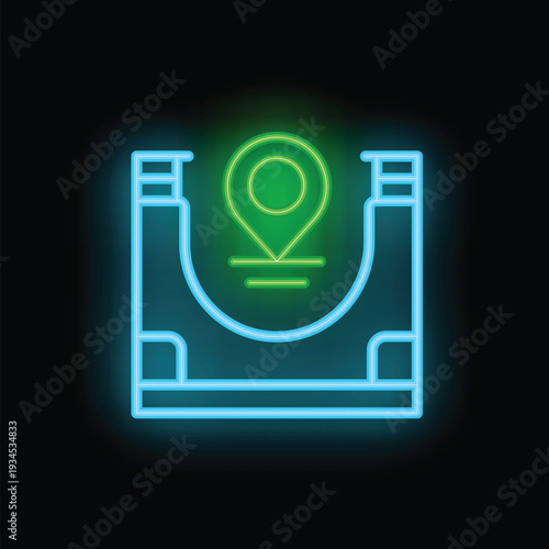 Glowing neon line skate park icon isolated on black background. Vector illustration