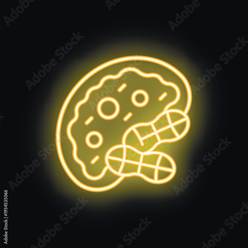 Yellow glowing neon icon of a plate of pad thai noodles with chopsticks on a black background