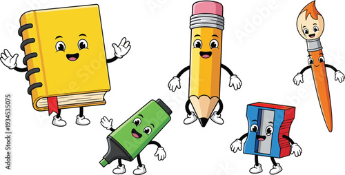 Cute cartoon school supplies characters set, smiling book pencil pen crayon and eraser mascots isolated on white background, education illustration concept