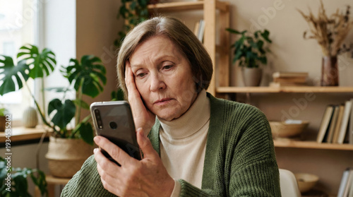 Senior woman using smartphone at home, online communication, digital lifestyle, remote services, technology for older adults concept.