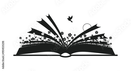 An open book with floral elements and a soaring bird creates a whimsical scene presented in silhouette