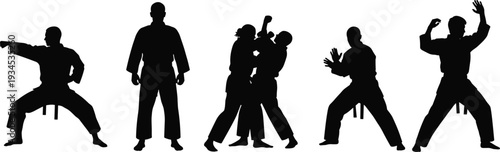Martial arts silhouettes, karate poses, self-defense training, black belt practice, combat techniques, vector illustration, isolated