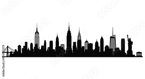 A striking black skyline showcases iconic new york city buildings and the statue of liberty silhouette high quality
