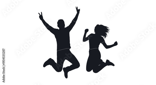 A joyful couple exuberantly jumps and celebrates together captured in a striking black silhouette high quality professional detailed
