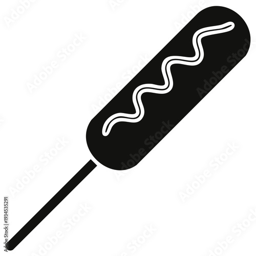 Black silhouette of a corn dog with mustard drizzle on a stick
