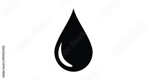 A simple stark black droplet shape is prominently displayed against a white background forming a striking silhouette